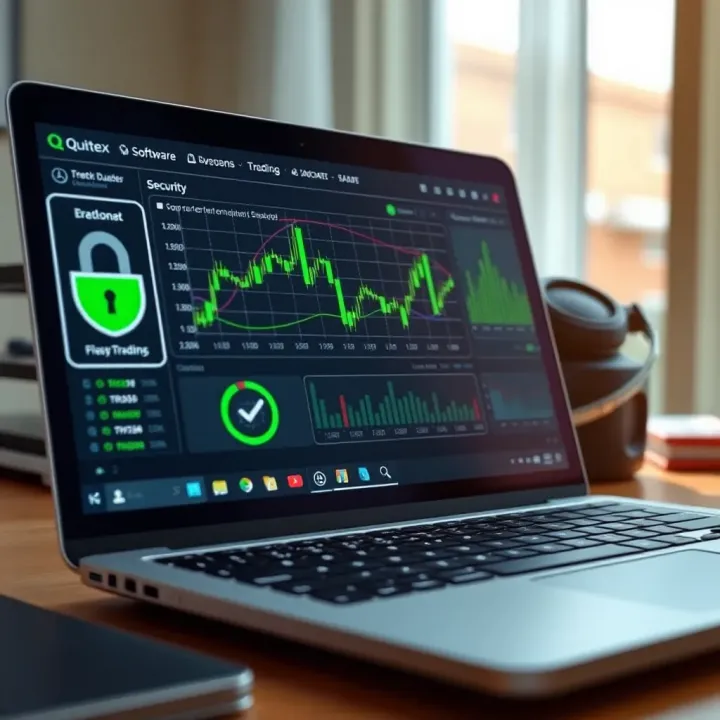 Safe installation of Quotex trading software on a laptop with security icons