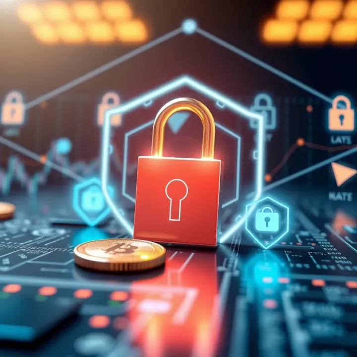 Conceptual graphic illustrating secure cryptocurrency transactions with digital locks and shield icons