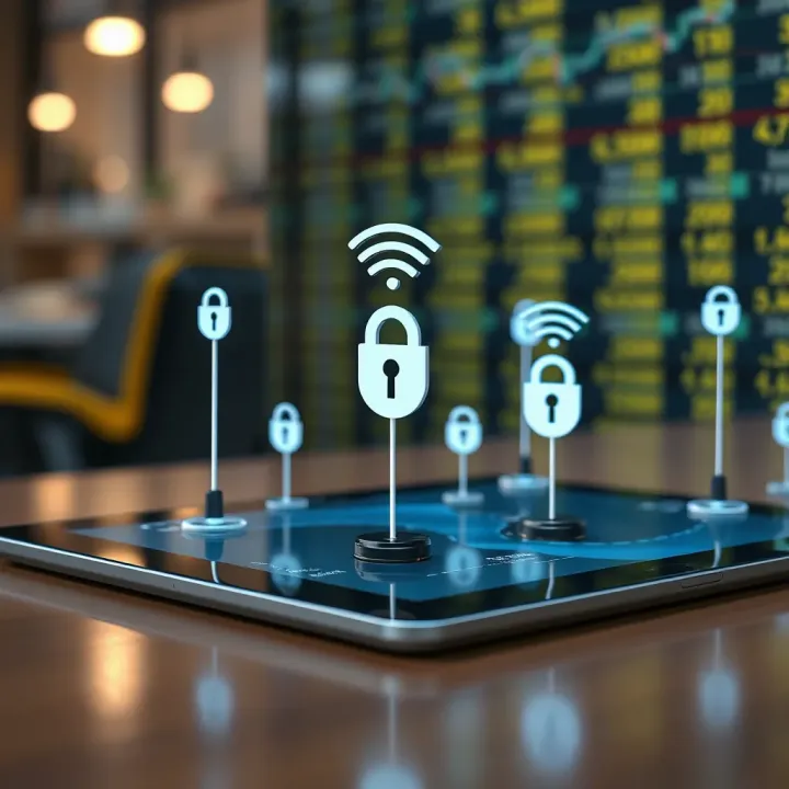 A sleek tablet connected to wireless network icons representing fast and secure connectivity for trading