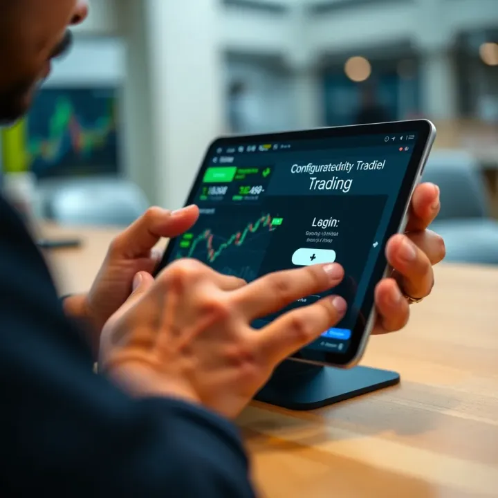 Configuring Trading Application and Ensuring Secure Mobile Trading User setting up a trading application on a tablet with secure login interface and financial dashboard