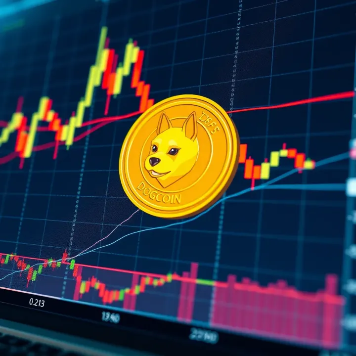 Technical chart with candlesticks and moving averages illustrating Dogecoin market activity