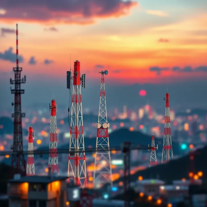 Illustration of telecom industry elements including network towers and mobile devices