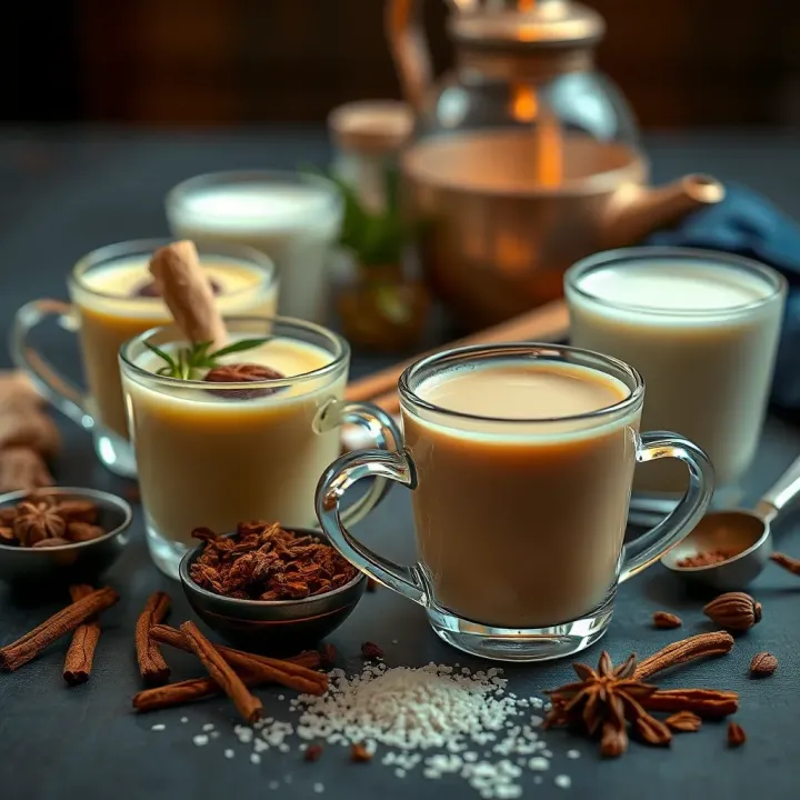 Selection of regional chai variations displayed with different ingredients such as cardamom, ginger, and milk alongside cups of tea