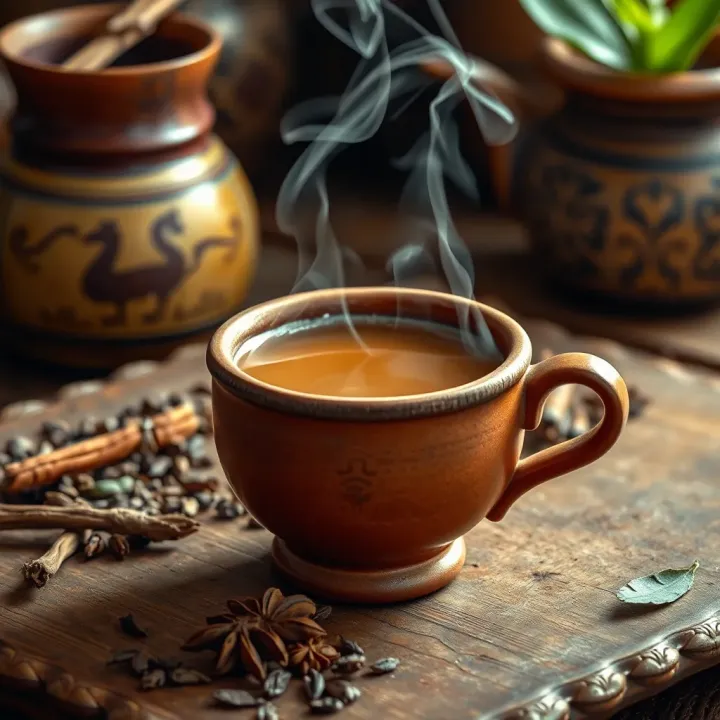 Traditional clay cup filled with steaming chai placed on a rustic wooden surface with tea leaves and spices nearby