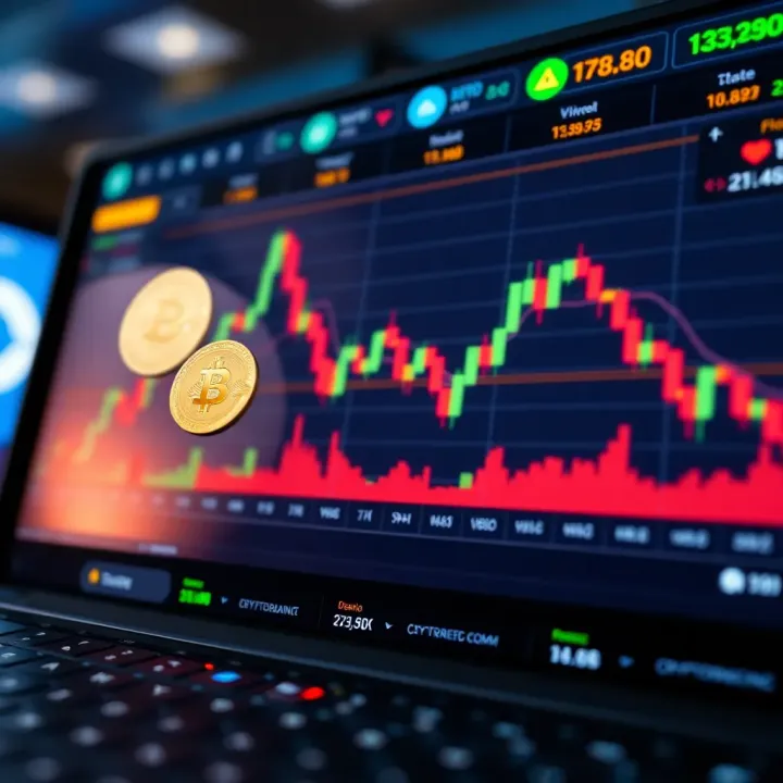 Illustration showing a digital trading platform with cryptocurrency charts and demo trade indicators