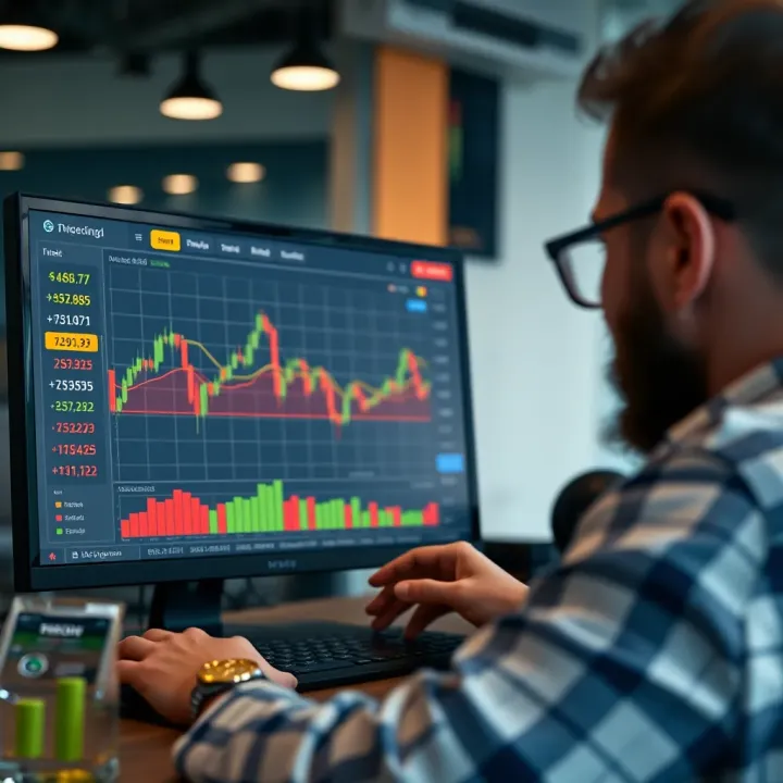 Trader using a demo account interface showing simulated financial chart and virtual currency balances