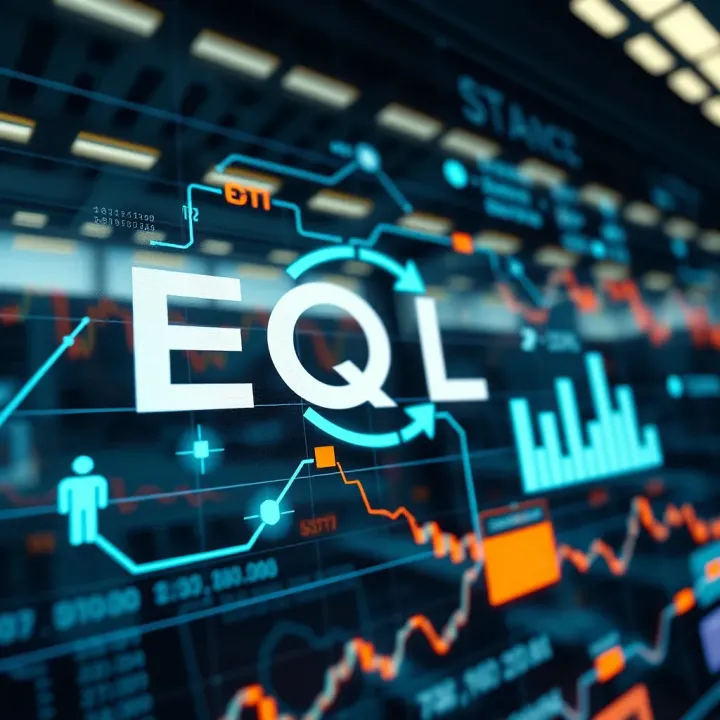 Visualization of EQL concept connecting technology and finance sectors with data flow and digital elements