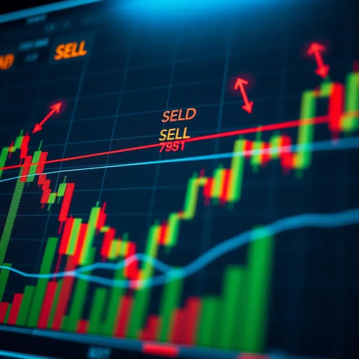 Graph showing currency pairs with trend lines and signal indicators indicating buy and sell points