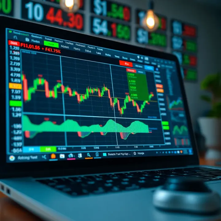 Digital interface showing forex trading charts and currency exchange rates on a laptop screen