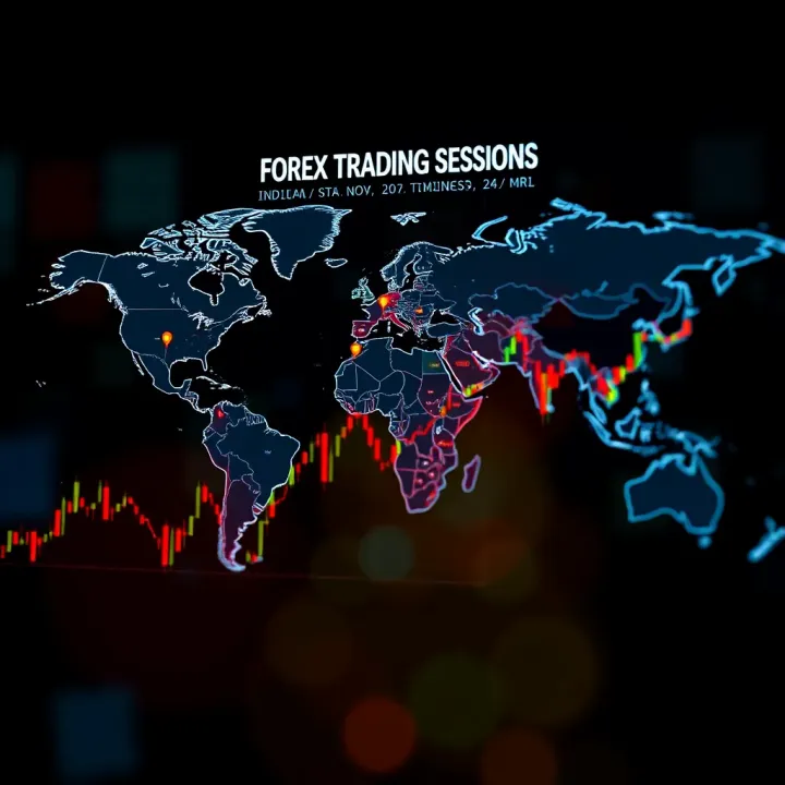 Global forex trading sessions illustrated on a world map with Indian Standard Time highlighted