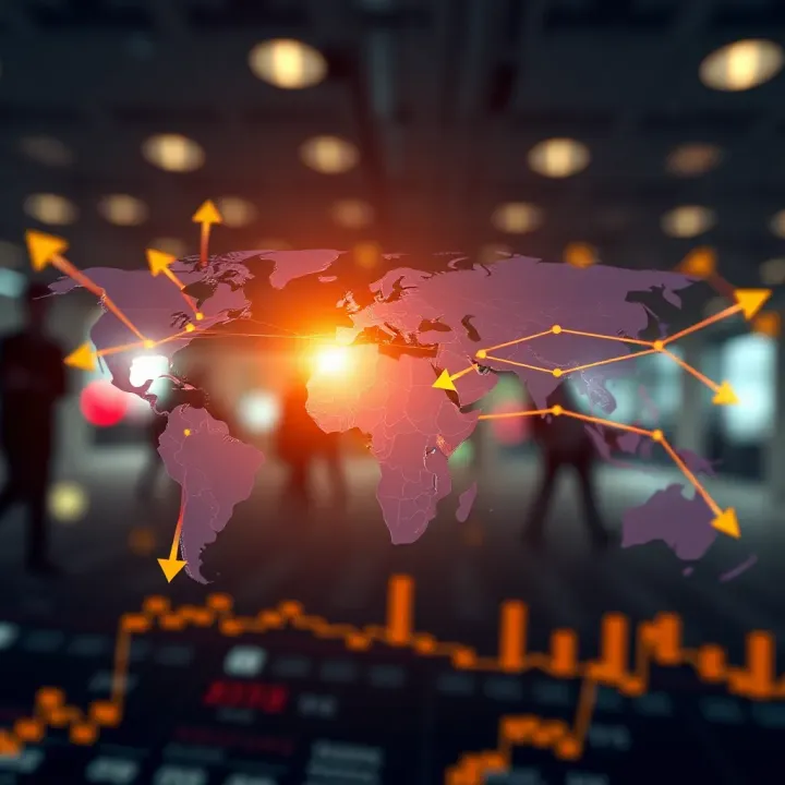 Global trade network connecting major countries and markets worldwide with arrows indicating exchange routes