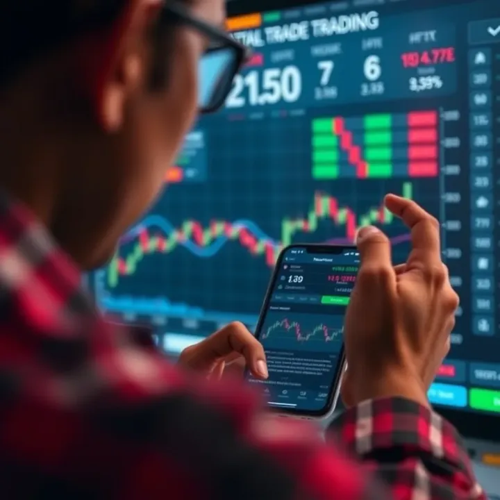 User interacting with a smartphone showing a mobile trading app interface with stock charts and financial data