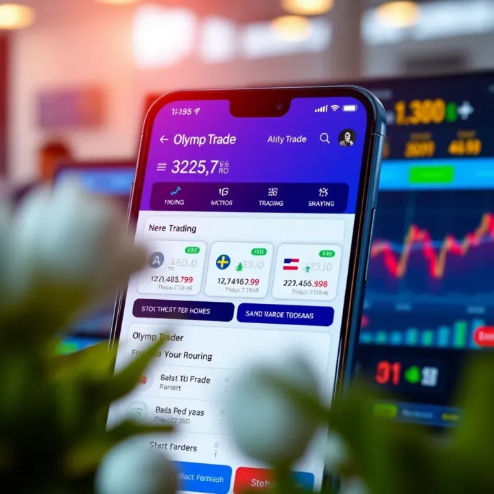 User interface showing main dashboard of Olymp Trade mobile app with various trading options