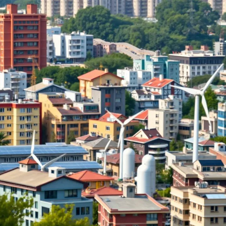 Urban area with diverse buildings and renewable energy sources representing economic growth and social equity