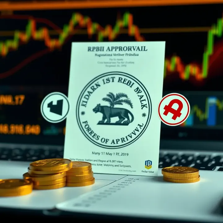 Diagram showing RBI emblem alongside forex trading symbols indicating regulatory approval in India