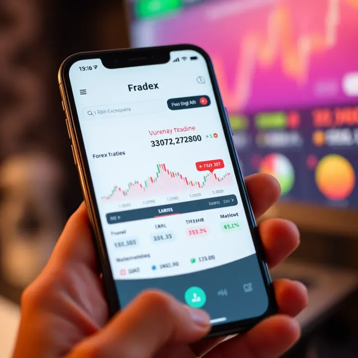 Mobile phone displaying forex trading app interface with currency exchange rates and charts
