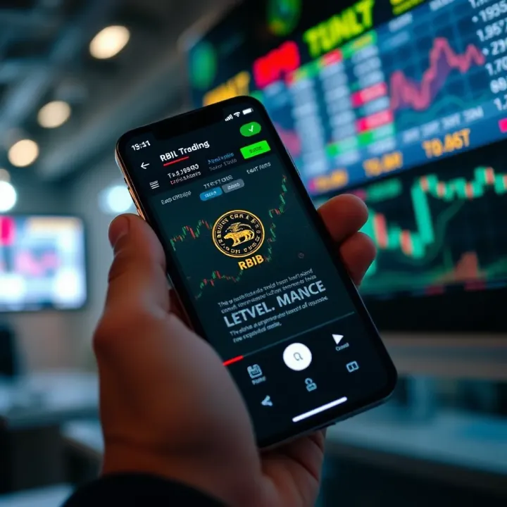 Mobile phone displaying a secure trading app interface with financial charts and compliance badges