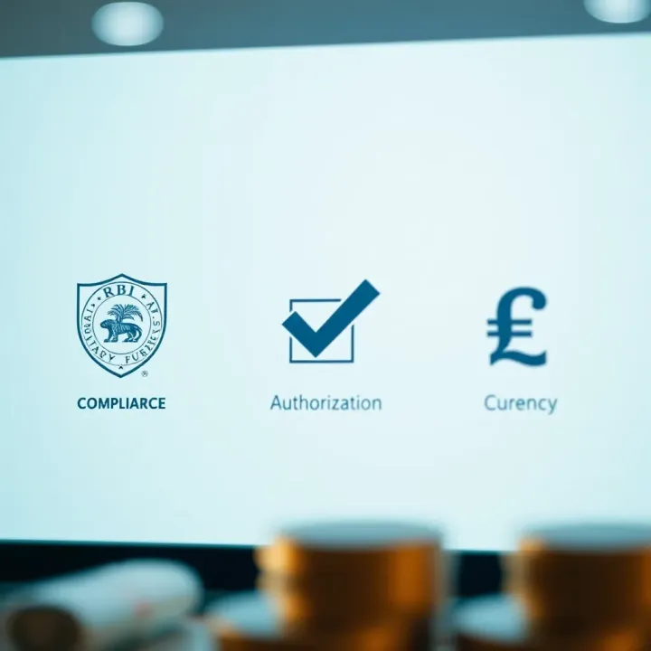 Graphic depicting regulatory compliance icons including a shield, checklist, and Indian currency symbol emphasizing RBI authorization