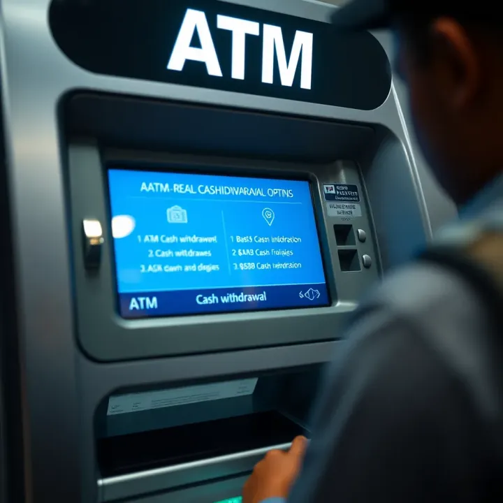 ATM machine displaying cash withdrawal options on screen
