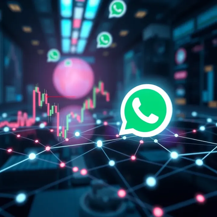 Conceptual visualization of digital communication network with forex charts and trading data being exchanged in a WhatsApp group