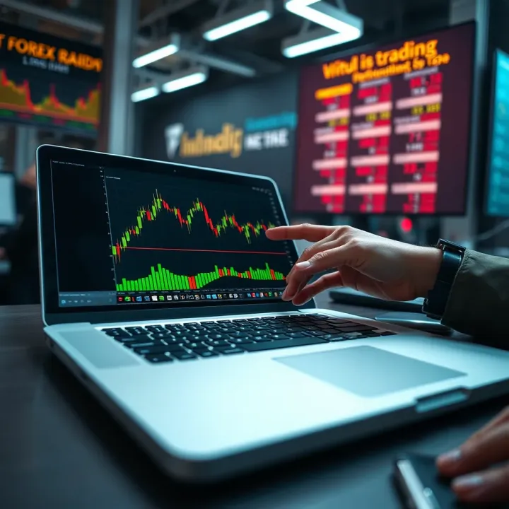 Illustration of a trader analyzing virtual currency trading performance on a laptop screen